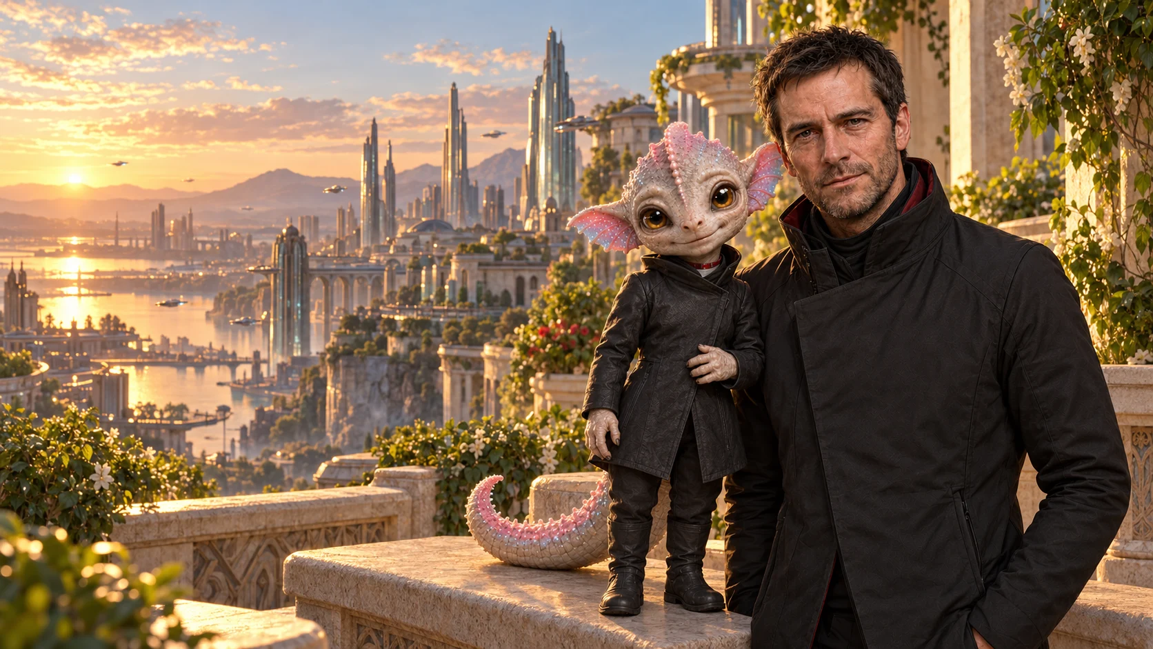 Boyd and Moxie on a terrace above a sunlit fantasy city.