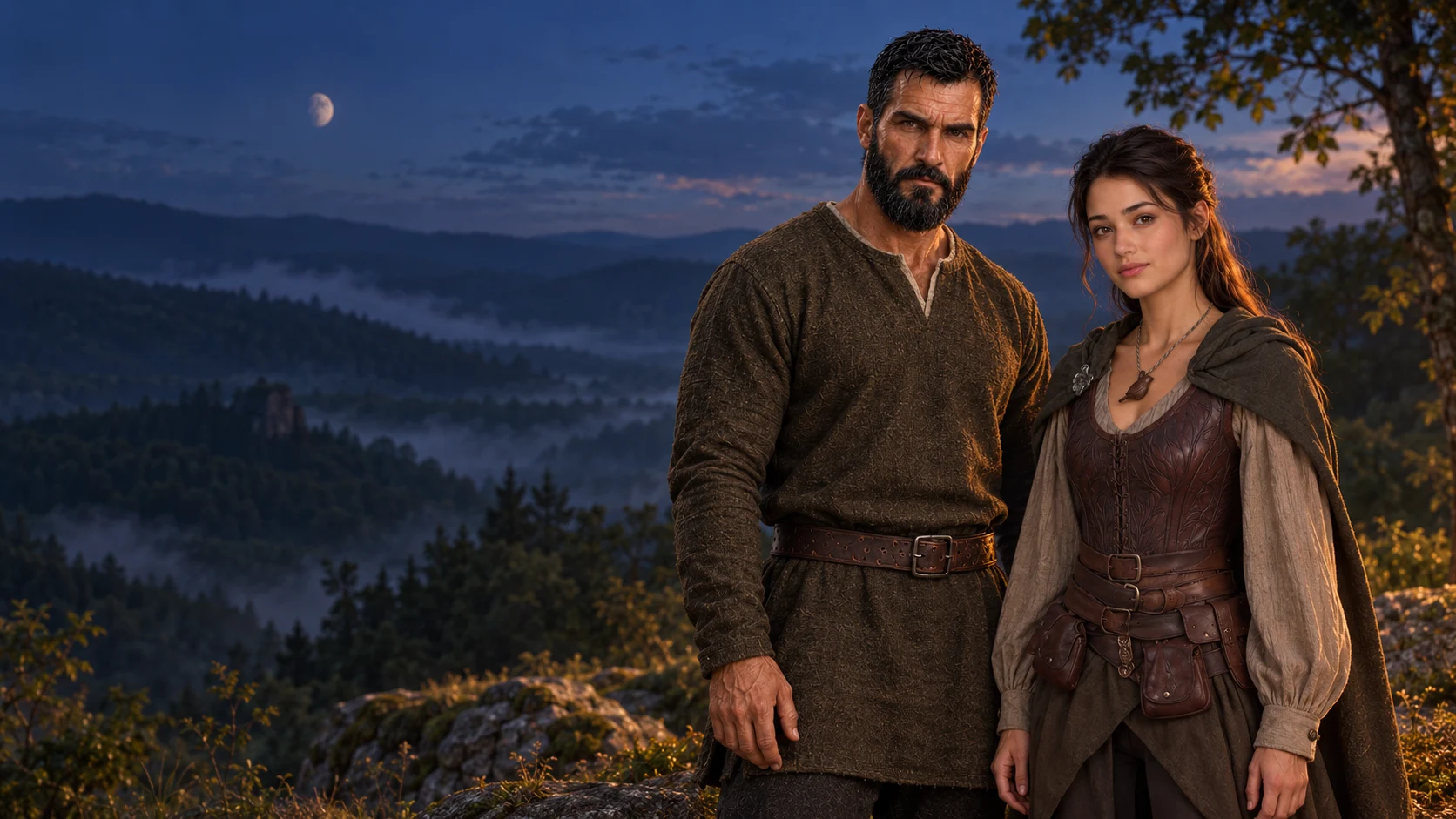 Jonah and Briar overlooking a mountain valley at dusk.