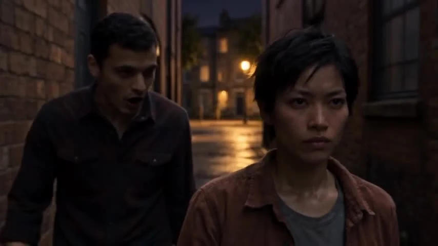 A woman and a man in a dim, brick-lined alley in SIGILS.
